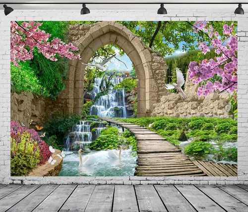 Miniatura 4 de BELECO Telón de fondo romántico de jardín de primavera de 5 x 3 pies, arco de piedra, cascada de montaña, flores de cerezo, paloma, árboles verdes
