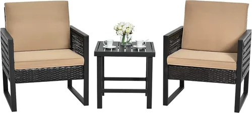 Tangkula Juego de 3 piezas de mimbre para patio, sofá de ratán al aire libre, muebles de conversación con mesa de café, cojines de asiento y Mesa