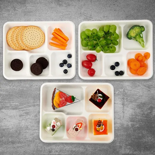 Miniatura 4 de Vplus Platos 100% compostables con 5 compartimentos, paquete de 125 platos ecológicos desechables de caña de azúcar de 10 x 8 pulgadas, bandeja