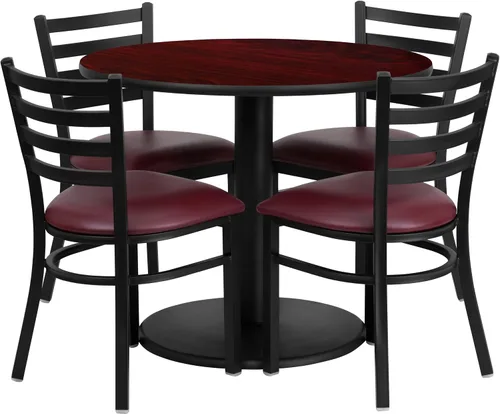 Miniatura 4 de Flash Furniture Juego de mesa redonda laminada negra de 36 pulgadas con base redonda y 4 sillas de metal con respaldo de escalera, asiento de vinilo