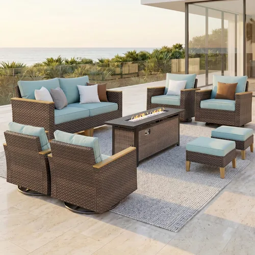 Miniatura 14 de PHI VILLA Otomana de mimbre para patio, 2 piezas, asiento otomano de mimbre para todo tipo de clima, reposapiés para exteriores con cojines