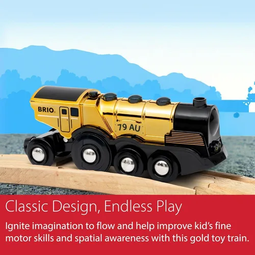Miniatura 6 de Locomotor de acción dorada potente BRIO World - Tren de juguete a batería para pista de madera - Tren motorizado con luces y sonido - Funciona