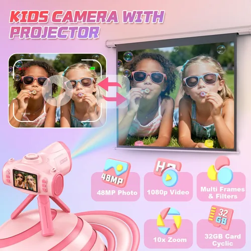 Miniatura 2 de Cámara para niños con proyector, selfie de pantalla grande 1080P, cámara de video para niños con trípode, tarjeta de memoria de 32GB, cámara