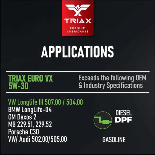 Miniatura 2 de TRIAX Euro VX 5W-30 Full Synthetic Ester, compatible con VW 507.00/504.00, VW Audi 502.00, 505.01, BMW LL-04, Porsche C30, ACEA C3, Mercedes 229.51