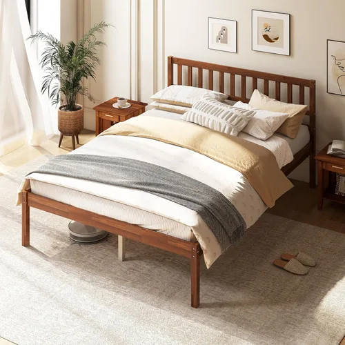 Miniatura 14 de Giantex Base de cama individual con cabecero, cama de plataforma de madera maciza con soporte de listones de madera, cama individual