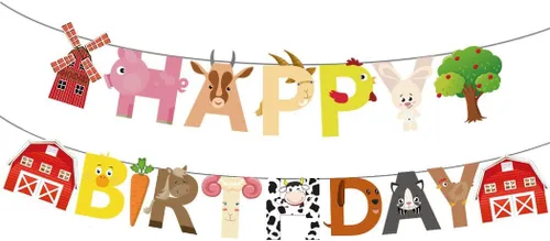 Miniatura 5 de Decoración de fiesta de cumpleaños de animales de granja, pancarta de feliz cumpleaños con guirnalda de banderines de corral para niños y niñas