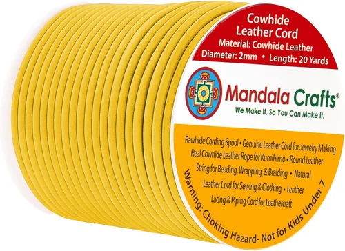 Miniatura 25 de Mandala Crafts Cordón Redondo de Cuero de Piel de Vaca Genuino Beige para Fabricación de Joyas Kumihimo Carrete de Cuerda de Cuero - Cordón