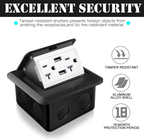 Miniatura 6 de Hoolerry Kit de 1 caja de cubierta de toma de corriente eléctrica de piso desplegable con cargador USB de 4.8 A, 20 amperios, impermeable