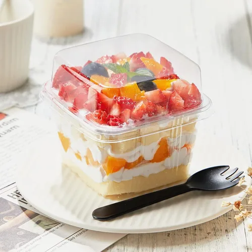 Miniatura 6 de TOFLEN 100 tazas cuadradas de plástico para postre de 8 onzas con tapas y tenedores, vasos de plástico transparente para yogur, parfait para mousse
