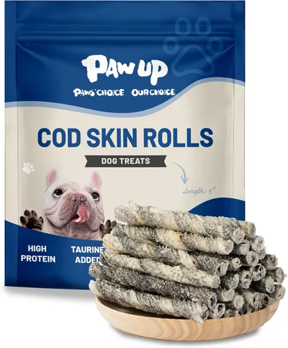 Miniatura 10 de Golosinas para perros PAWUP, piel de bacalao con Taurina, masticables de un ingrediente sin granos, rollos de piel de pescado ricos en Omega3, 8