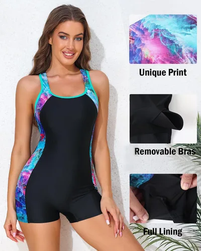 Miniatura 62 de beautyin - Traje de baño para mujer, traje de baño aeróbico y de competición de una pieza, estilo pantalón corto