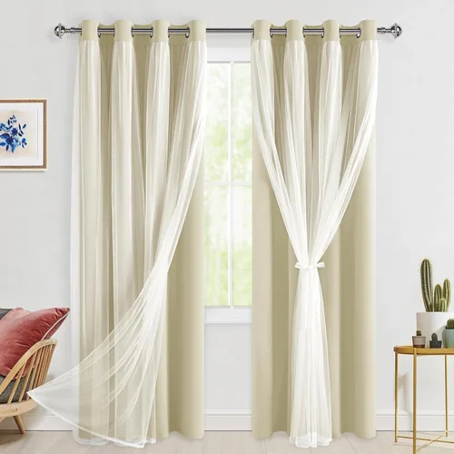 Miniatura 112 de Hiasan Cortinas opacas con superposición transparente, aislamiento térmico para mezclar y combinar de doble capa, cortinas de oscurecimiento de Beige