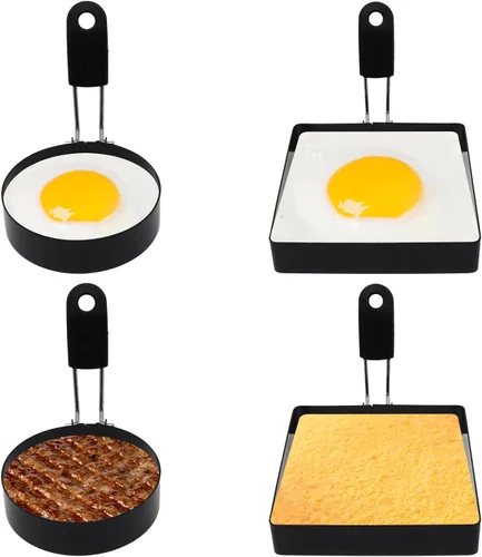 4 Pack Egg Rings for Frying Eggs with Foldable Handle, Stainless Steel Square & Round Egg Shaper, Eggs Mcmuffin Ring Mold for Camping Pancake