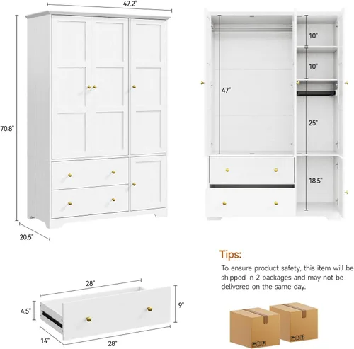 Miniatura 2 de ONBRILL - Armario de madera con 3 puertas para recámara, con estante extraíble para pantalones, armario de gran capacidad con cajones y estantes