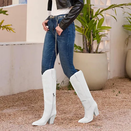 Miniatura 7 de ISNOM Botas vaqueras para mujer, botas altas hasta la rodilla, botas vaqueras bordadas con tacón grueso de bloque y puntera puntiaguda