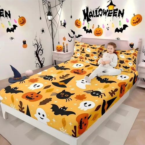 Miniatura 37 de Sábanas de cama con estampado de patas de perro para niños, sábana bajera ajustable de huesos coloridos para los amantes de los perros