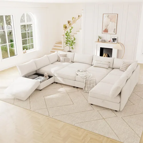 Miniatura 26 de 95.5" Sofá seccional modular de chenilla con almacenamiento oculto, sofá cama convertible en forma de L y U, sofá seccional moderno de 6 plazas