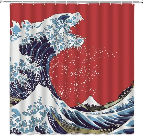 Cortina de ducha japonesa de gran ola, vintage, Hokusai, azul, gran ola de Kanagawa, barco oceánico, montaje japonés, Fuji, retro, rojo, tela