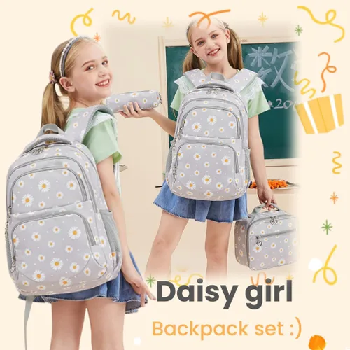 Miniatura 3 de 3 piezas de mochila con estampado de margaritas para niños, mochila de escuela primaria, mochila para estudiantes de primaria, mochila para Negro