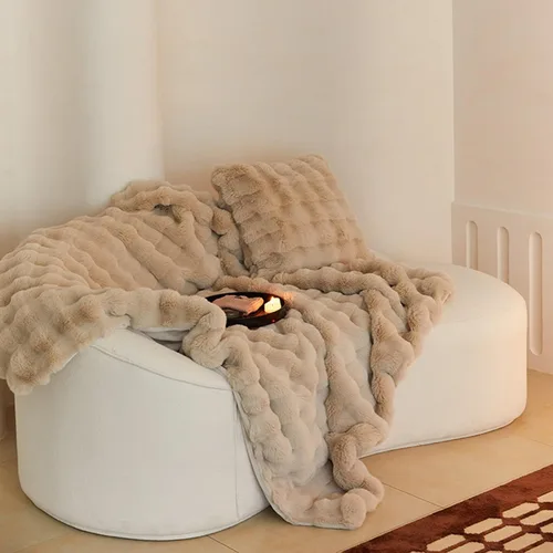 Miniatura 6 de Manta de piel de conejo sintética tamaño individual, acogedora manta de felpa mullida para la siesta para sofá, sillón, sofá, sala de estar