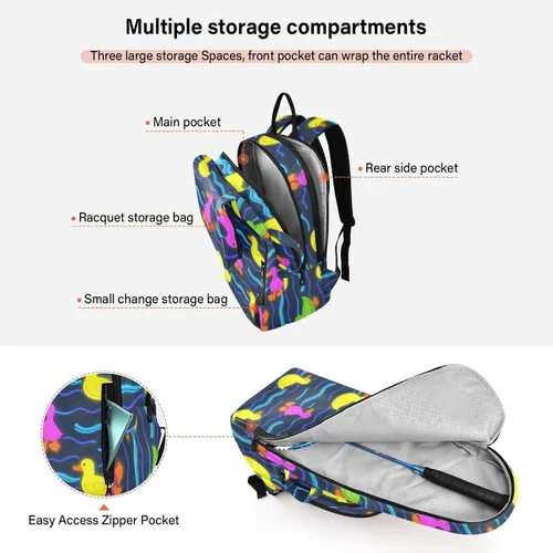 Miniatura 5 de Women Men Tennis Backpack Cute Sturdy Cute Animal Colorful Fluorescent Duckling 2 Rackets Padded Tennis Bag Gym Bag for Women, Men, Teenagers Tenis