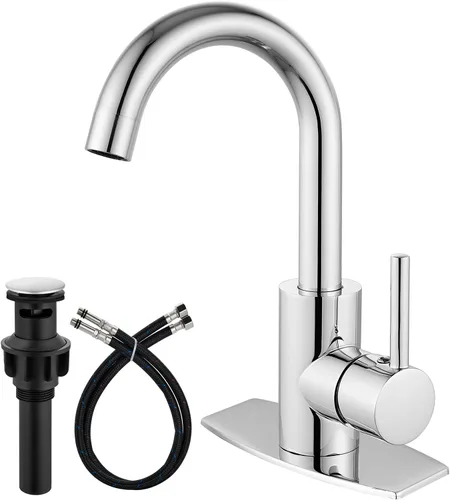 Miniatura 12 de Airuida Grifo de baño de un solo agujero, acero inoxidable giratorio de 360° con drenaje desplegable y placa de cubierta, grifo moderno de barra