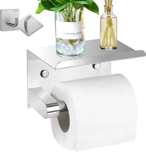 Portarrollos de papel higiénico autoadhesivo o atornillado con estante para teléfono, soporte para rollos de papel higiénico de acero inoxidable SUS