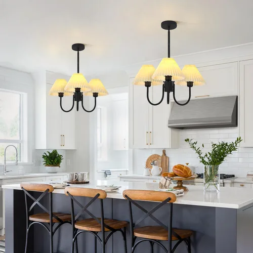 Miniatura 7 de KCO Lighting Lámpara Colgante Plisada Vintage de 3 Luces Araña de Techo con Pantallas de Lámpara Pequeña Araña de Tela Negra y Blanca para Sala