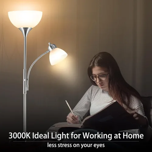 Miniatura 7 de RISLG Lámpara de pie, lámpara de pie regulable, brillo de atenuación continua, incluye bombillas LED de 9 W y 5 W, lámpara de pie industrial