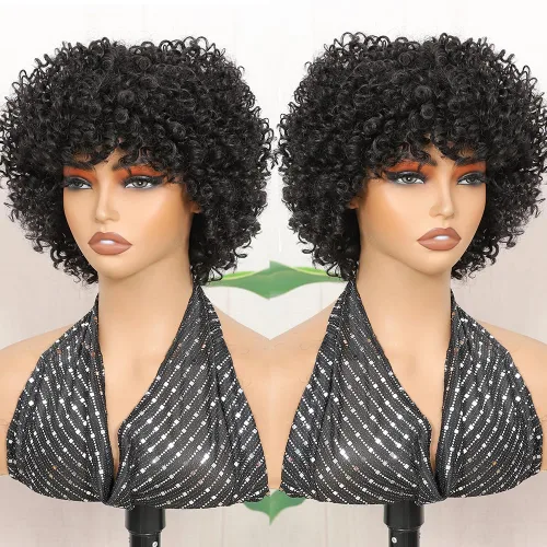 Miniatura 3 de Peluca rizada corta con flequillo peluca sintética afroamericana para mujeres negras, fibra sintética de alta temperatura, pelucas rizadas