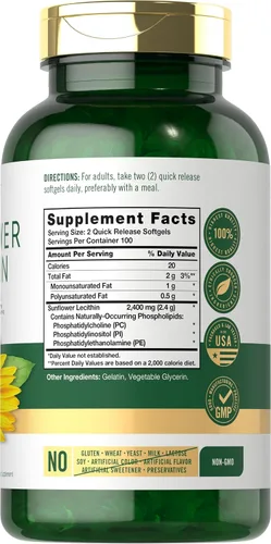 Miniatura 2 de Carlyle Cápsulas blandas de lecitina de girasol 2400 mg 200 píldoras Ricas en fosfatidilcolina Sin OMG, sin soja, suplemento sin gluten