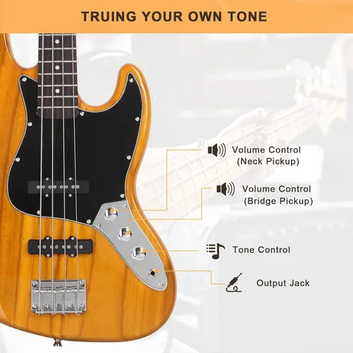 Miniatura 5 de GLARRY GJazz - Bajo eléctrico de 4 cuerdas tamaño completo para diestros con bolsa de guitarra, cable de amplificador y kits para principiantes