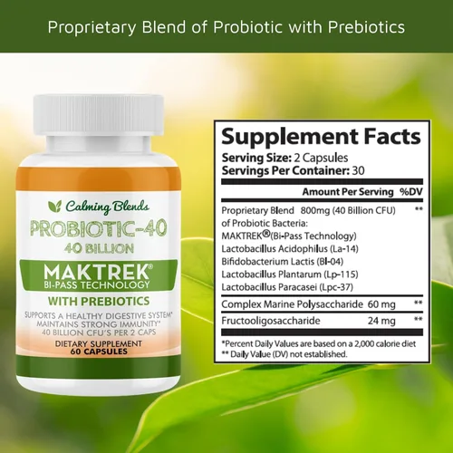Miniatura 3 de CALMING BLENDS Probiótico, 40 mil millones de UFC, sistema de entrega bi-pass para una máxima eficacia, estable en el almacenamiento, 60 cápsulas