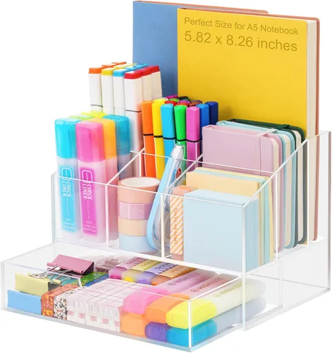VITVITI Organizador de escritorio acrílico, organizador de lápices transparente mejorado para escritorio, 7 compartimentos estacionarios,