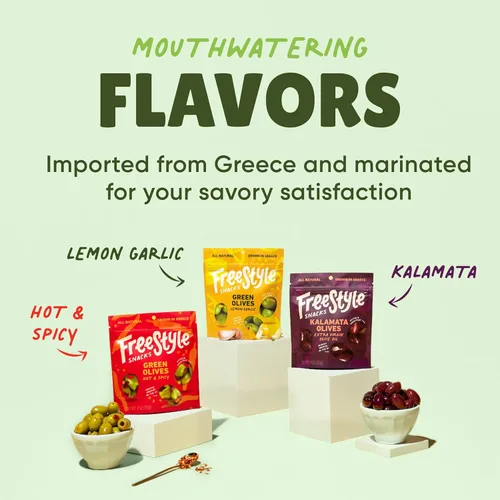 Miniatura 3 de Freestyle Snacks Paquetes de aperitivos de oliva – Kalamata fresca y aceitunas verdes, tamaño jumbo, cultivado en Grecia, aperitivo salado