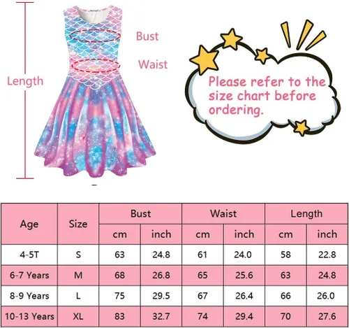 Miniatura 6 de Funnycokid Vestido de sirena para niñas, vestidos de verano sin mangas, vestido de cumpleaños, vestido de verano con vuelo, traje de 4 a 13 años