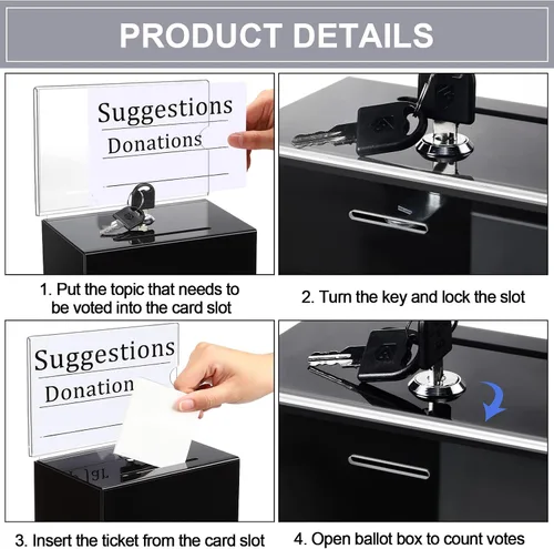 Miniatura 4 de Tuanse Caja de donación de acrílico con candado y soporte para letreros, tarro, rifa, boletos, cajas transparentes para recaudación de fondos, Negro