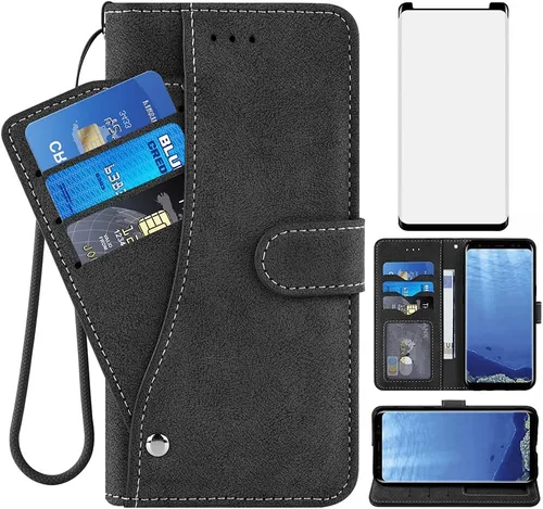 Asuwish Compatible con Samsung Galaxy Note 9 - Funda tipo cartera y protector de pantalla de vidrio templado, funda con tapa para tarjetas de Negro