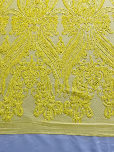 Miniatura 5 de Telón de fondo King INC Empire Damask Design con lentejuelas bordadas en una tela de malla elástica de 4 vías (amarillo brillante)