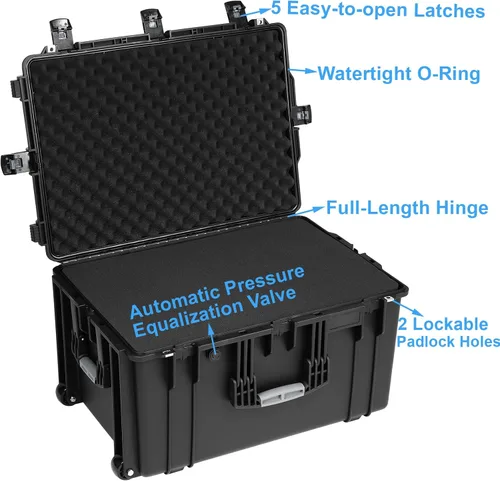 Miniatura 5 de Regetek Funda rígida impermeable con ruedas, espuma personalizable de 29 x 20.5 x 16 pulgadas, funda de transporte de equipo para cámara, dron