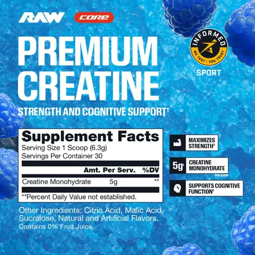 Miniatura 8 de RAW Nutrition Polvo de monohidrato de creatina, sabor frambuesa azul (30 porciones) - Suplemento de monohidrato de creatina micronizado
