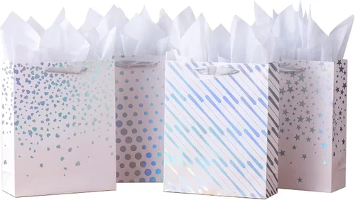 Miniatura 13 de OfficeCastle Paquete de 4 bolsas de regalo doradas con papel de seda, 7x3x9 pulgadas, perfectas para cumpleaños, baby showers, Día del Padre