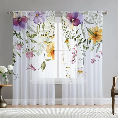 Miniatura 15 de Cortinas de hojas de eucalipto verdes para sala de estar de 63 pulgadas de largo, juego de 2 paneles elegantes de flores silvestres con estampado