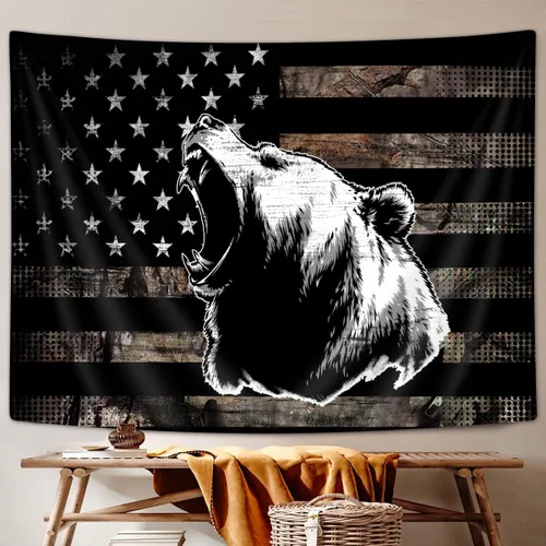 Miniatura 4 de Tapiz de Oso con Bandera Americana Country, Tapiz Rústico de Caza Camo Bass Bear en Blanco y Negro para Colgar en la Pared para Dormitorio de Oso