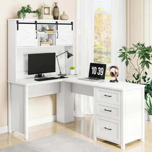 Miniatura 6 de Vabches Escritorio rústico en forma de L de 68 pulgadas de alto con gabinete, mesa de oficina con 3 cajones y puertas correderas, escritorio