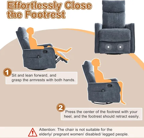 Miniatura 7 de Silla Reclinable Giratoria Manual con Balancín para Adultos, Sillón Reclinable Acolchado con Masaje y Calor, Silla Reclinable para Sala de Estar
