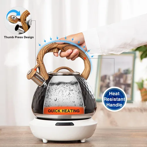 Miniatura 3 de Tetera, Tetera Silbadora Toptier con Mango de Patrón de Madera Silbato Fuerte, Tetera de Acero Inoxidable Grado Alimenticio para Estufas de Negro