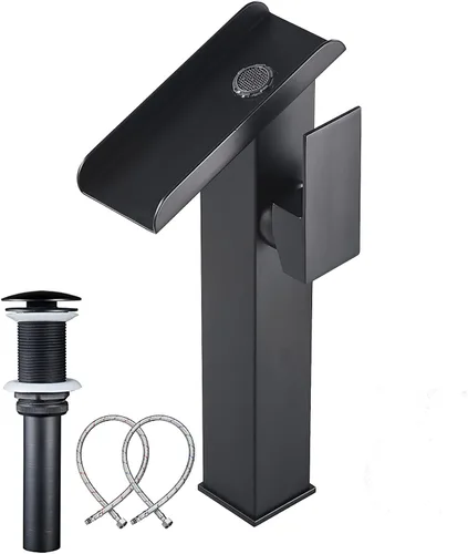 Miniatura 17 de Grifo de Recipiente Negro para Baño Cascada Boquilla Abierta LED Cambio de Color por Temperatura Grifo de Lavabo para Fregadero de Tazón Mango