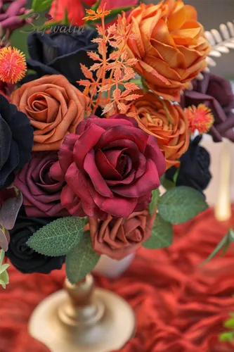 Miniatura 6 de Serwalin - Flores artificiales negras y naranjas de otoño, flores de Halloween, flores de boda negras para ramos de boda DIY, centros de mesa