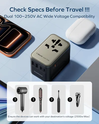 Miniatura 9 de MOMAX Adaptador de viaje universal 6 en 1, adaptador de corriente internacional GaN 70W, 3 USB-C PD carga rápida y 2 USB-A QC, 1 AC, adaptador